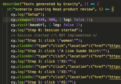 Extract of Cypress code generated by Gravity